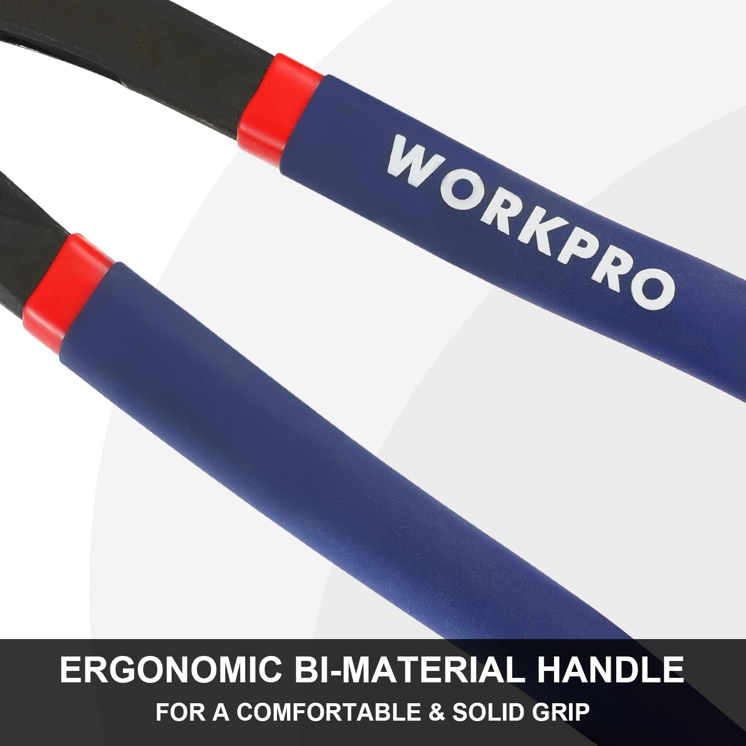 WORKPRO blue bi-material handle grips with red accents on groove joint pliers