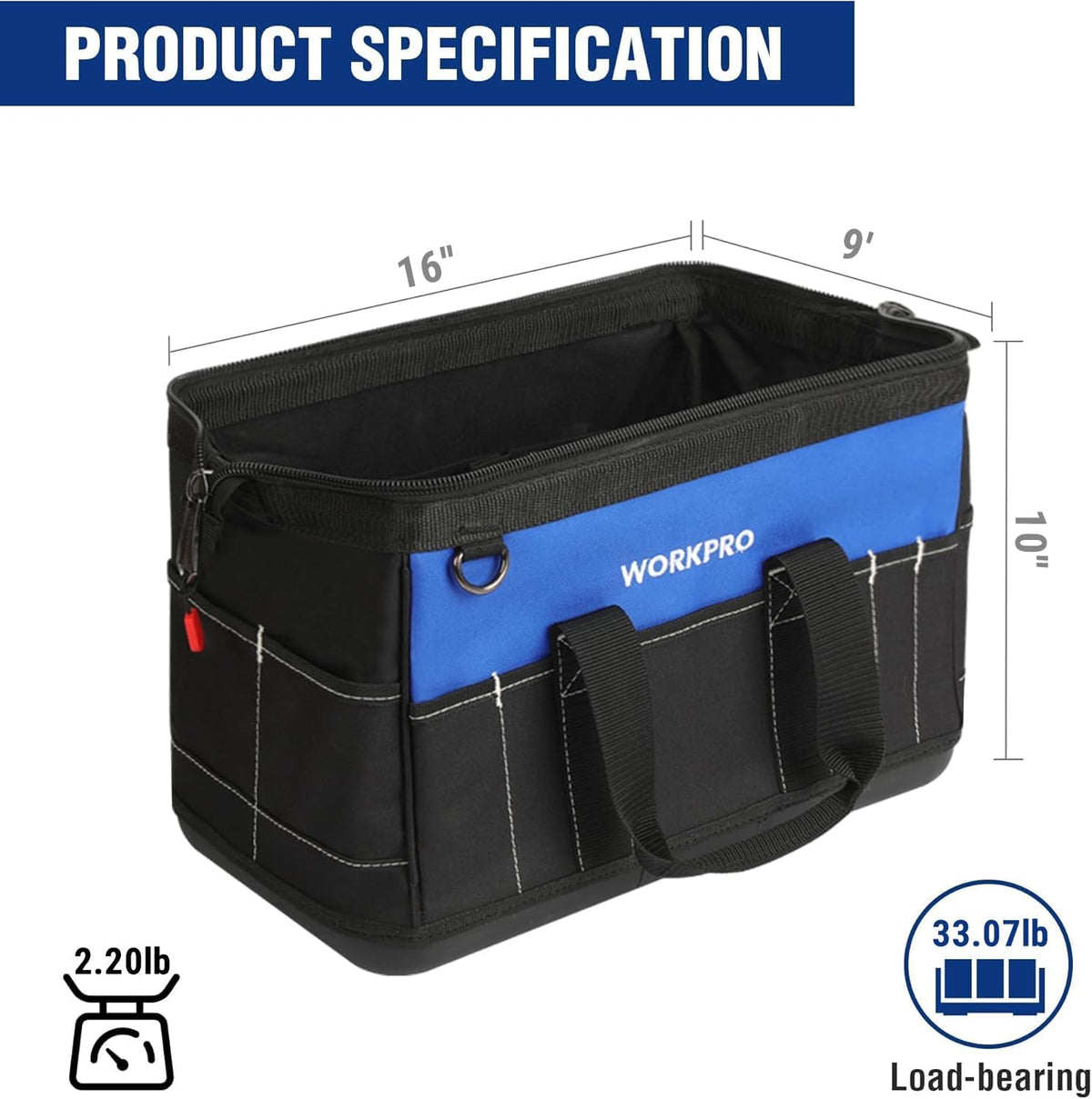 WORKPRO 16-inch Wide Mouth Tool Bag with Water Proof Molded Base