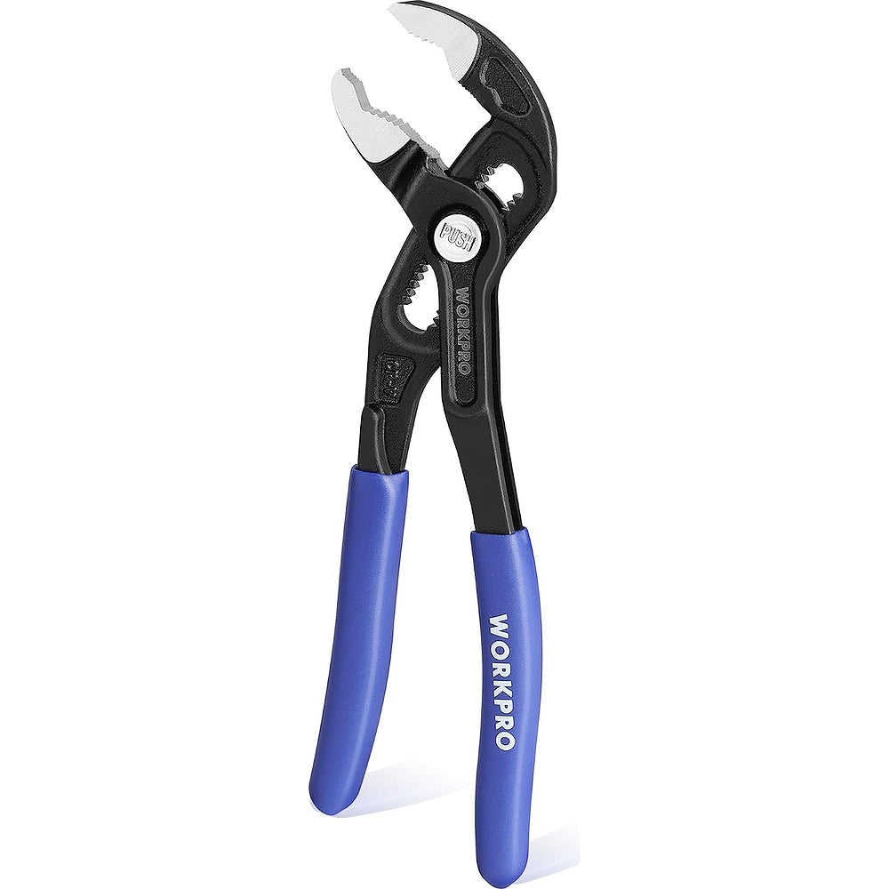 Adjustable water pump pliers in black with blue handles and serrated V-jaws