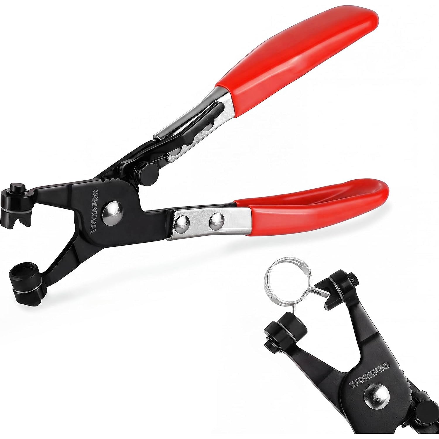 WORKPRO Hose Clamp Pliers Red | Hose Clamp Tool with Swivel Flat Band for Removal and Installation of Spring Hose Clamps, for Automotive Fuel Oil Water Hose