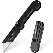 WORKPRO folding utility knife with belt clip, open blade and closed handle view