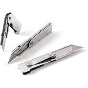 Pair of silver folding utility knives with belt clips and metal safety latch