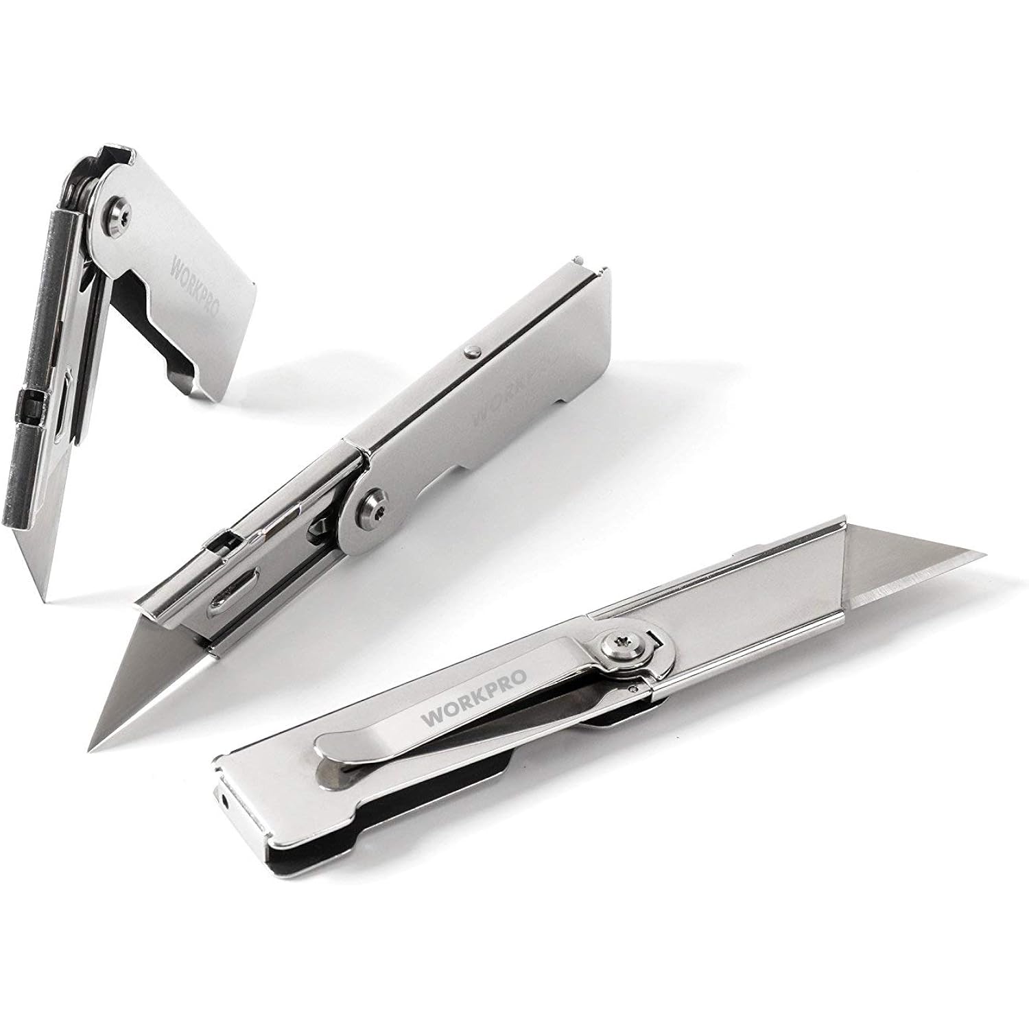 Pair of silver folding utility knives with belt clips and metal safety latch