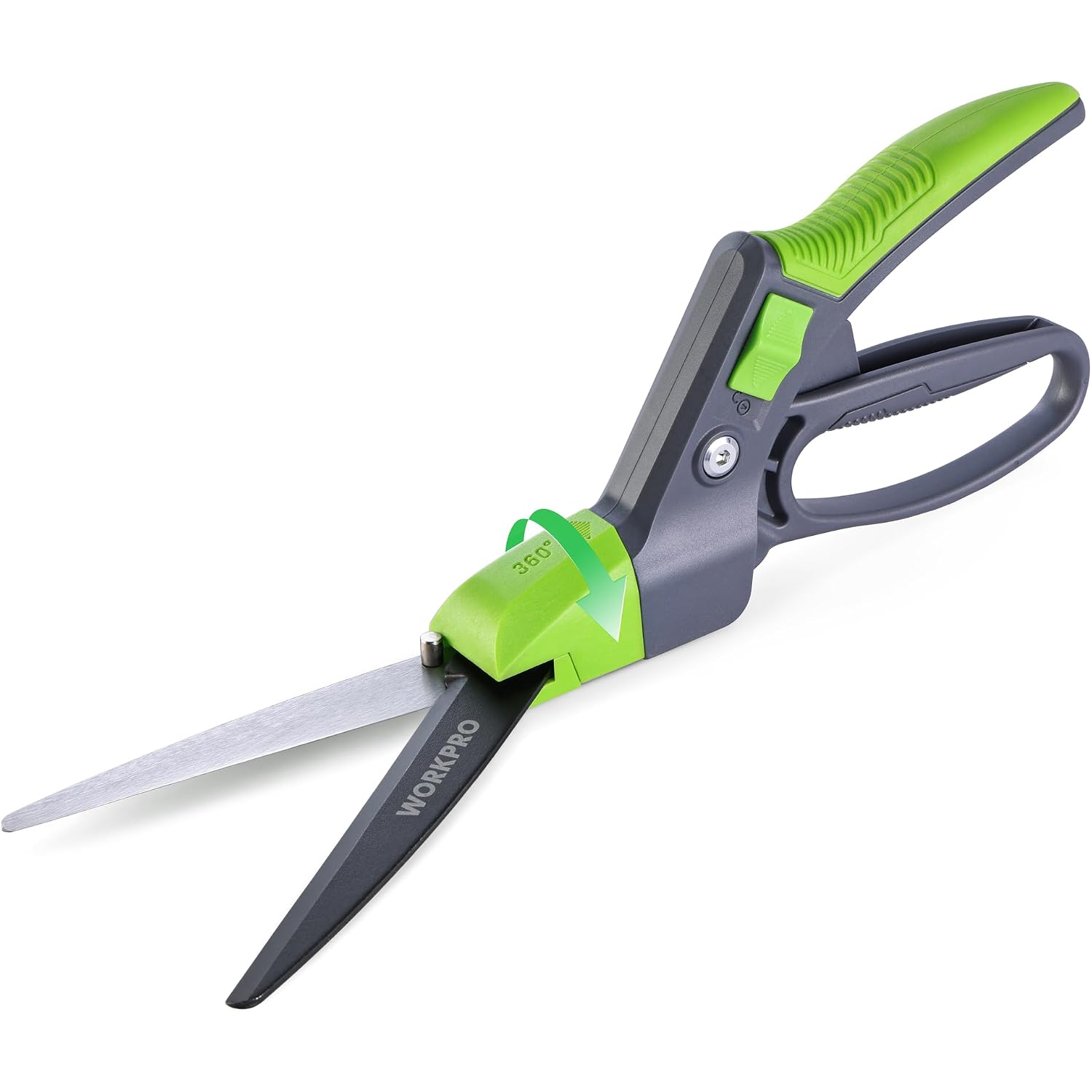 WORKPRO handheld grass shears with curved handle and silver cutting blade tips