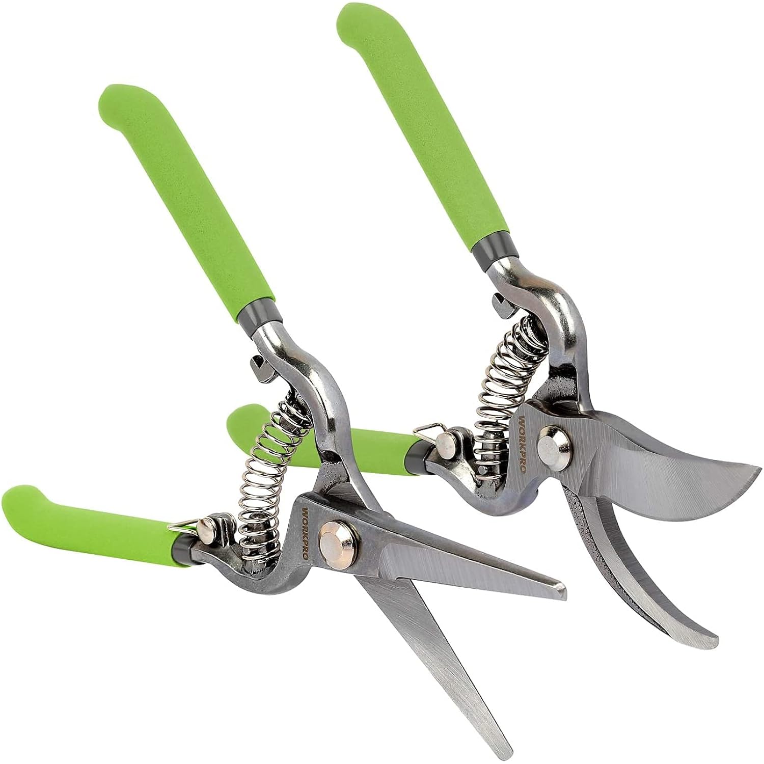 Pruning shears set with green non-slip handles, straight steel blades, spring return