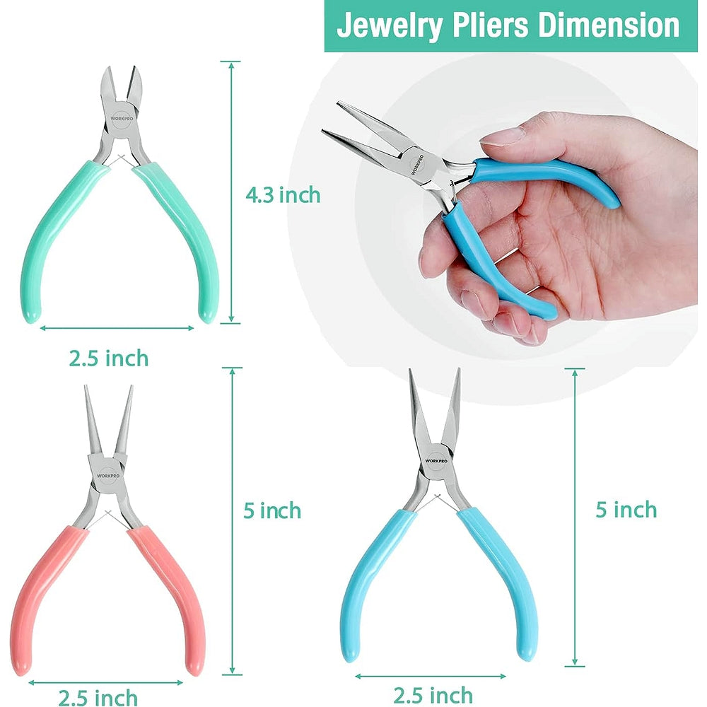 3 jewelry pliers with turquoise and pink handles, compact size measurement diagram