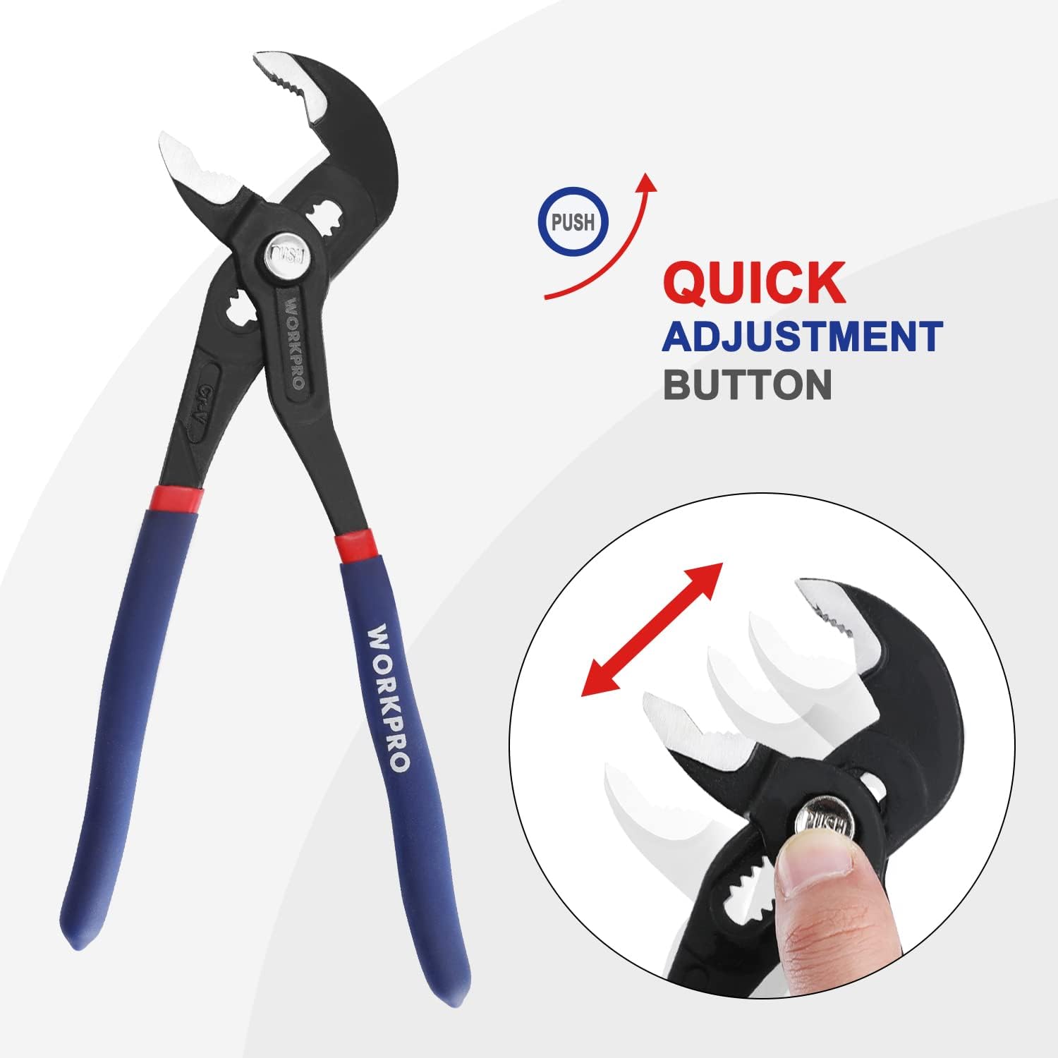 WORKPRO quick-adjust groove joint pliers with push button and V-jaw grip