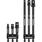 Black socket adapter extension set, 1/4, 3/8, and 1/2 inch sizes with hex shanks