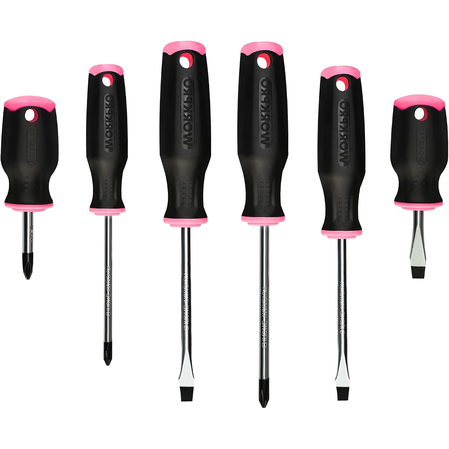 WORKPRO magnetic screwdrivers set with various bit types and black-pink handles