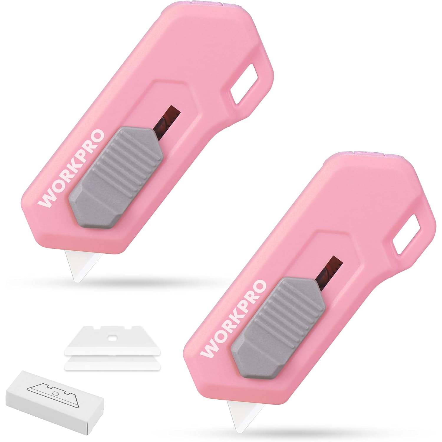 Pink mini safety box cutter with gray ceramic blade and spare blade inserts