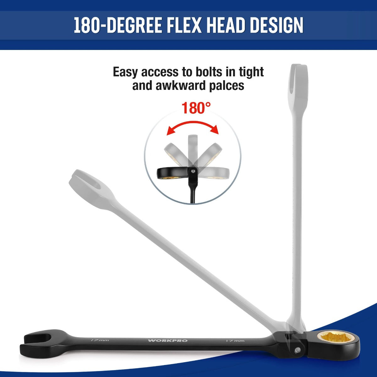 180-degree flex-head ratcheting combination wrench with long handle and pivoting open end