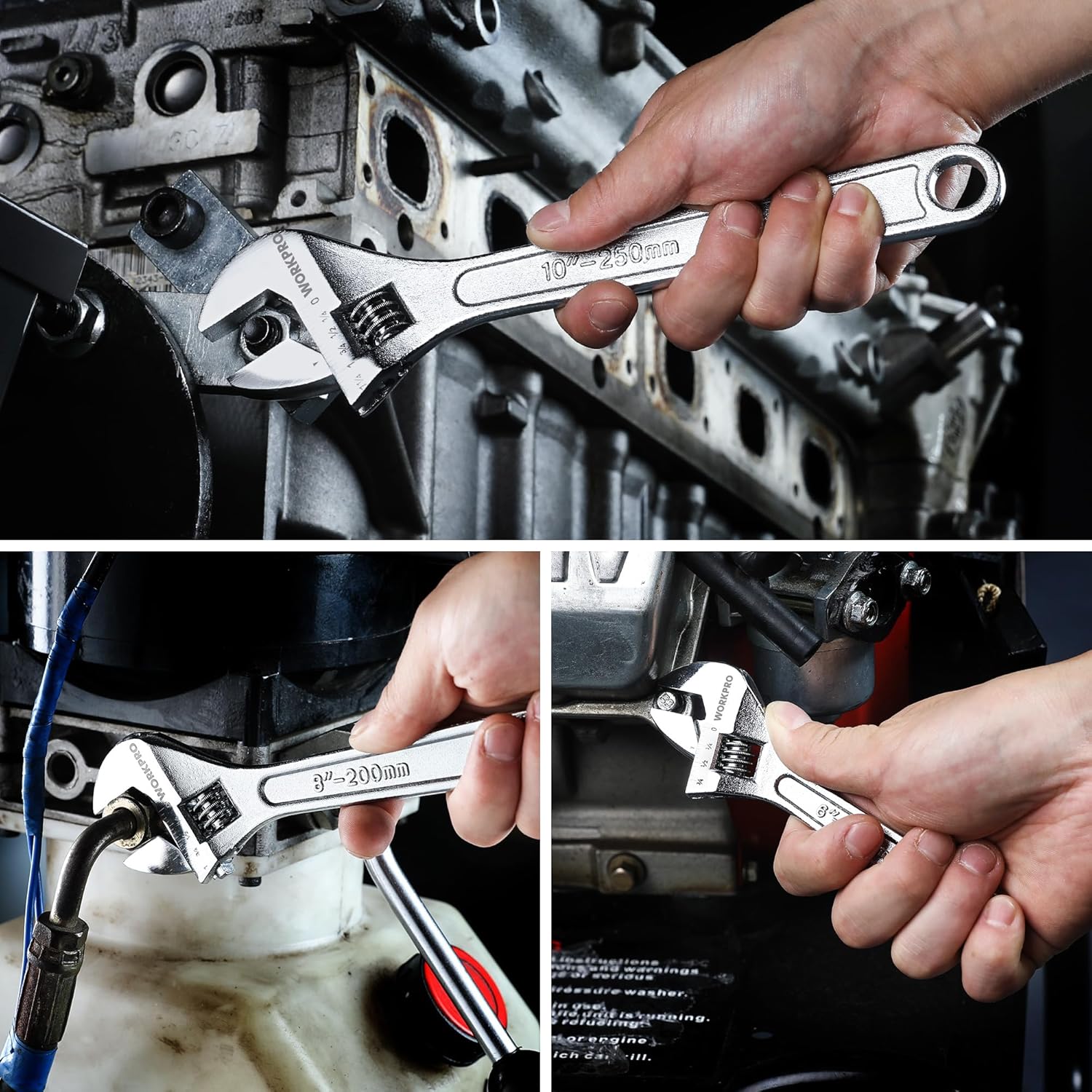 Hand using adjustable wrench on engine parts; chrome-plated open end jaws