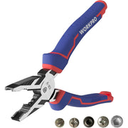 Screw extractor pliers with serrated jaws and blue/red handles beside metal fasteners
