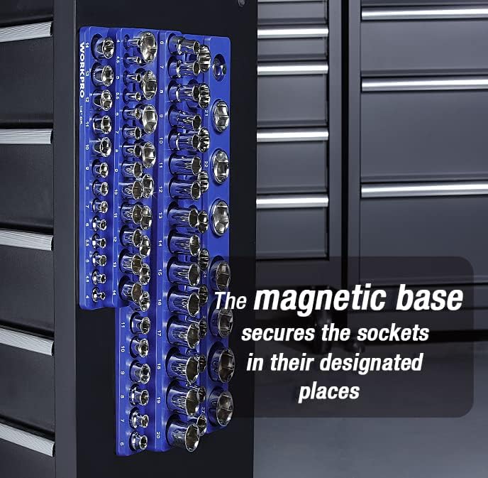 WORKPRO 1/4", 3/8", 1/2" Dr Metric Magnetic Socket Organizer Set (Socket not Included)