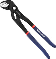 12-inch groove joint pliers with black body, blue handles, and red accents, V-jaw
