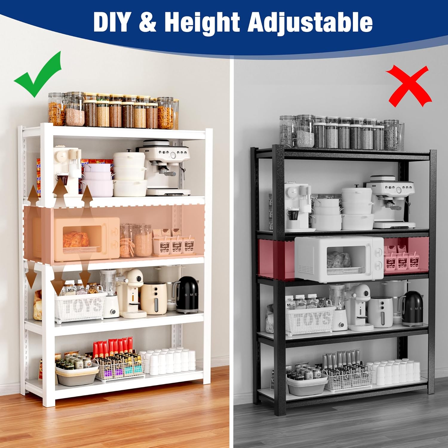 White adjustable 5-tier shelving unit with expandable height and open storage shelves