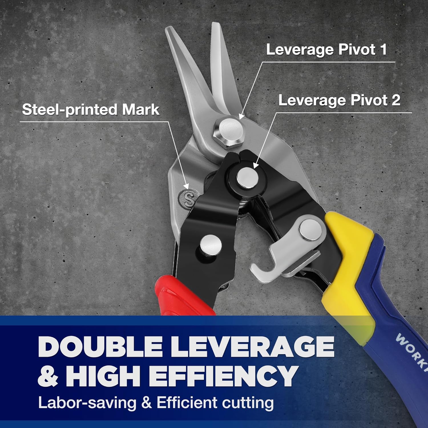 Metal cutting aviation snips with double-leverage pivots and steel-marked blade head