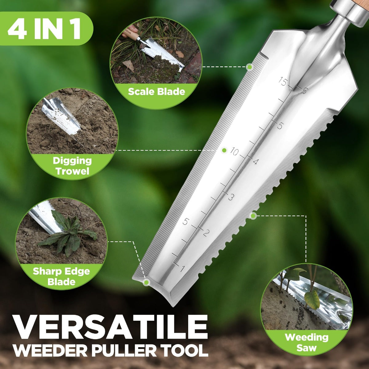 WORKPRO weeder puller tool with silver metal blade and measurement markings