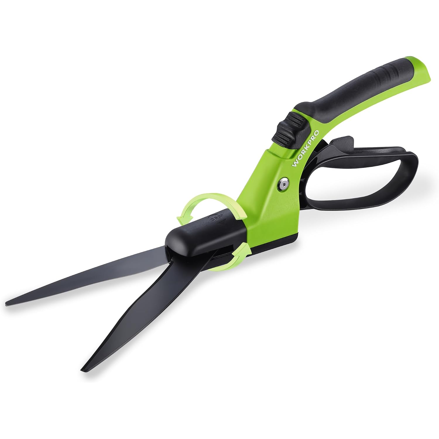 WORKPRO grass clippers with lime-green handle and black blades, isolated on white