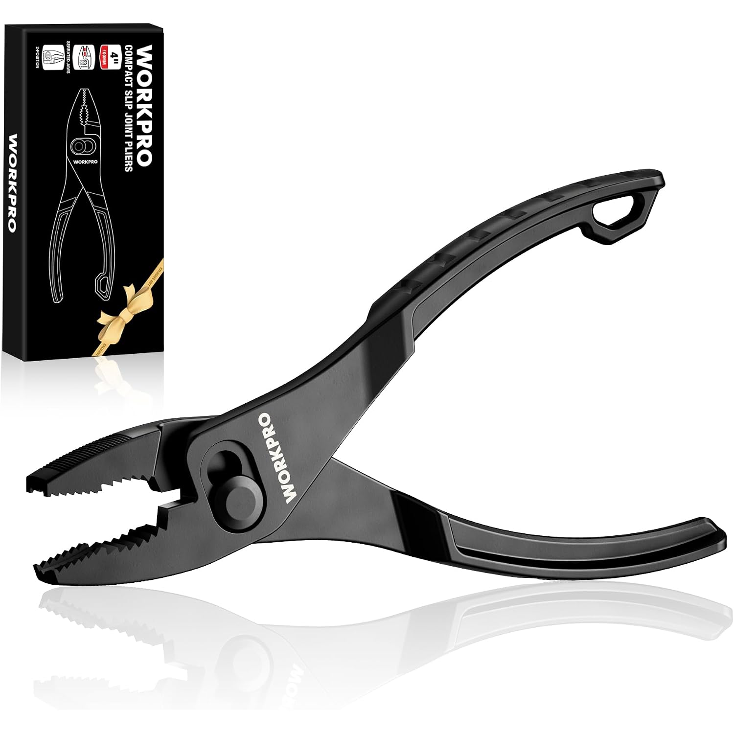 WORKPRO slip joint pliers with serrated jaws and curved handles, shown with retail box