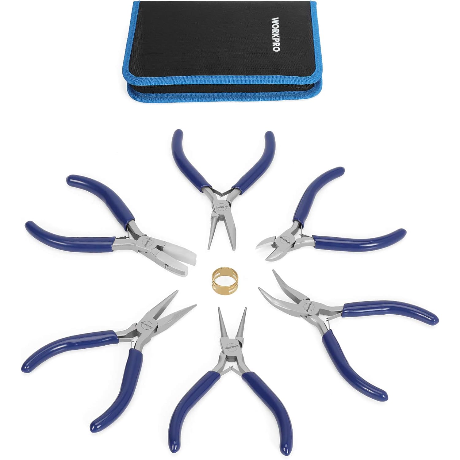 Jewelry pliers set with blue handles and zip pouch, six tools included