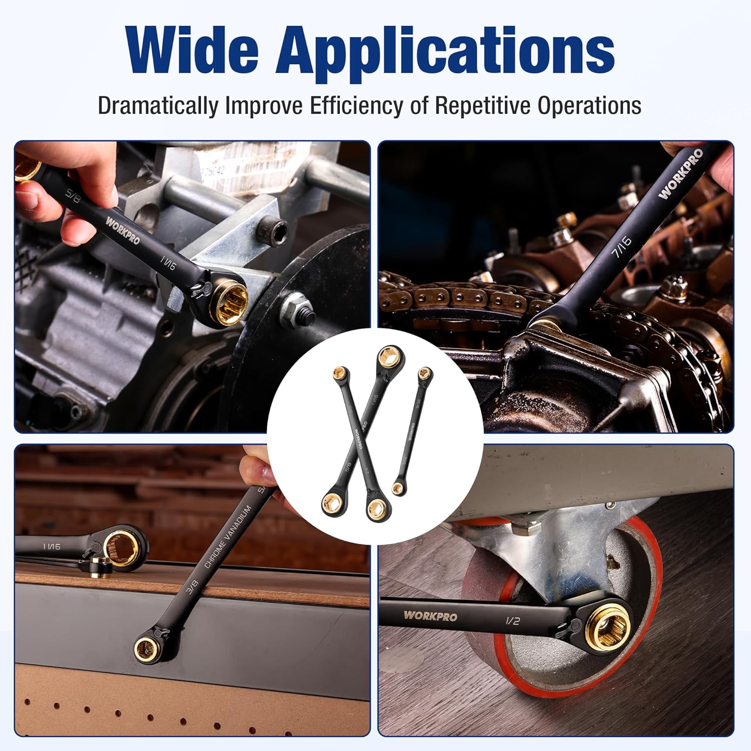 Multiple ratcheting wrenches from the set, shown in different mechanical work areas