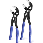 Two-piece water pump pliers set with black V-jaw heads and blue soft-grip handles