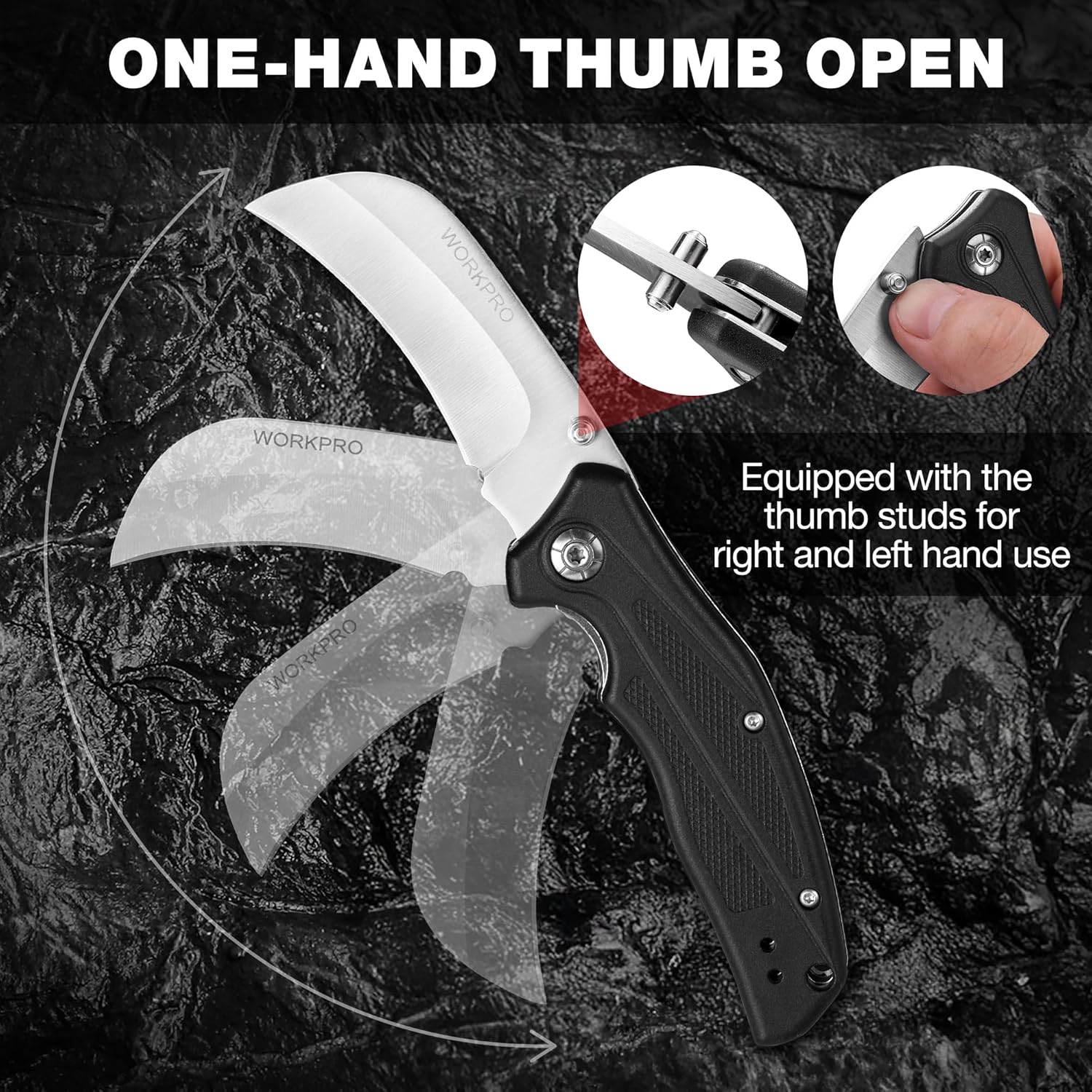 WORKPRO one-hand folding hawkbill knife with thumb stud and dark handle.
