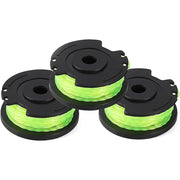 Three black replacement spools with neon green star-shaped nylon cord