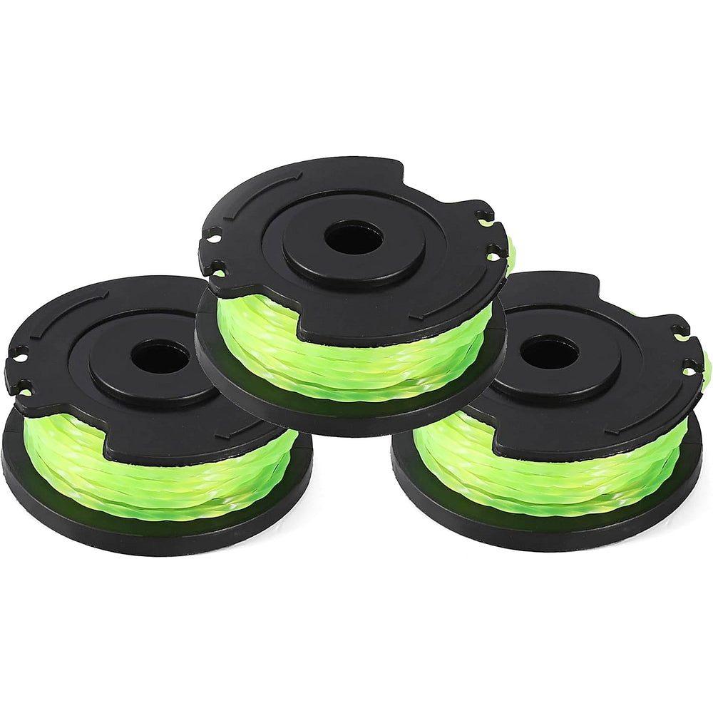 Three black replacement spools with neon green star-shaped nylon cord