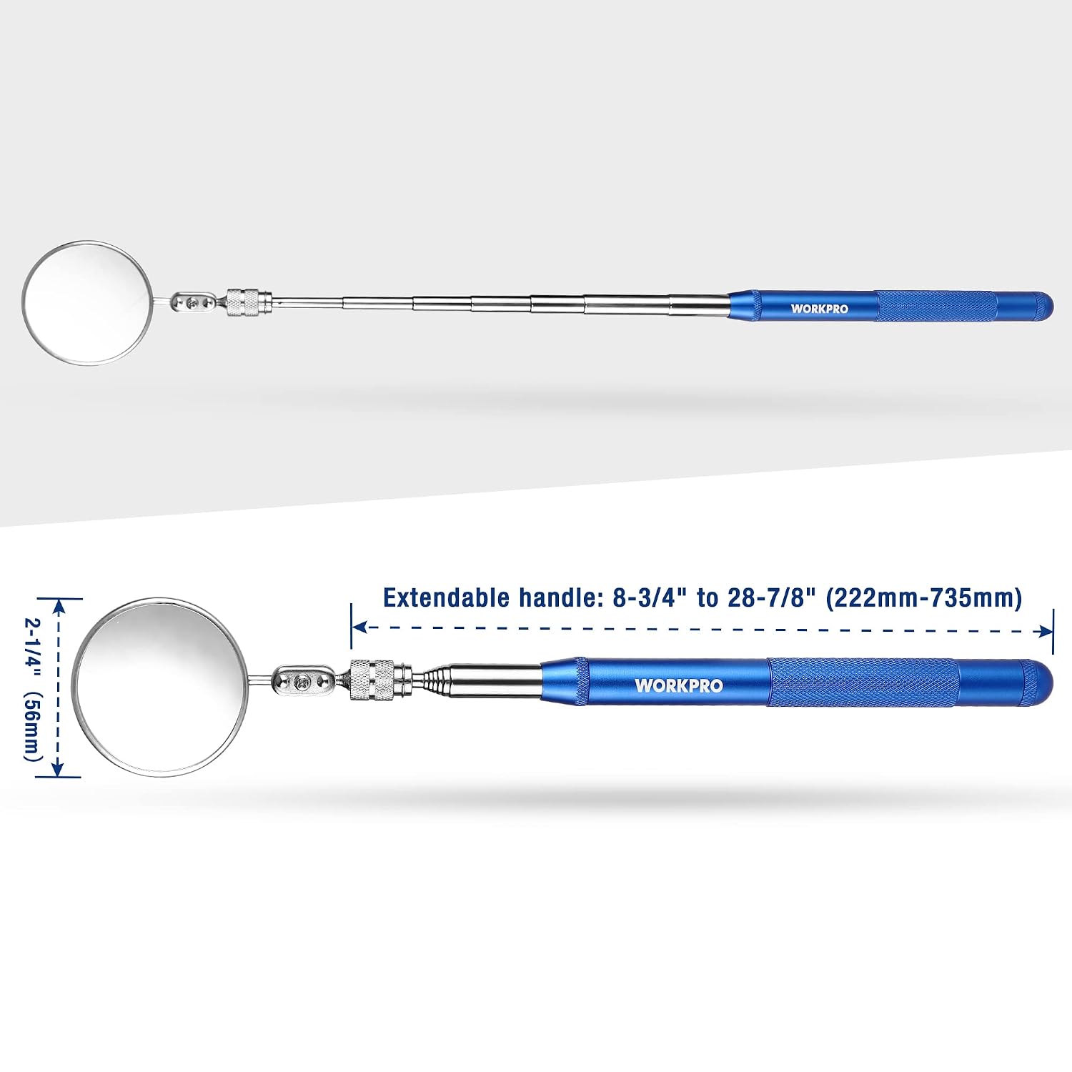 Telescoping inspection mirror with round lens and blue handle, shown extended