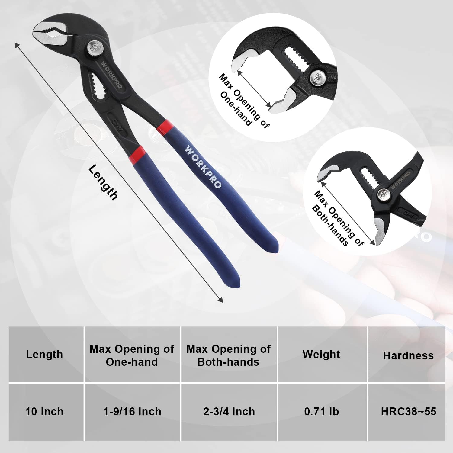 WORKPRO 10-inch groove joint pliers with blue comfort grips and red hinge accents