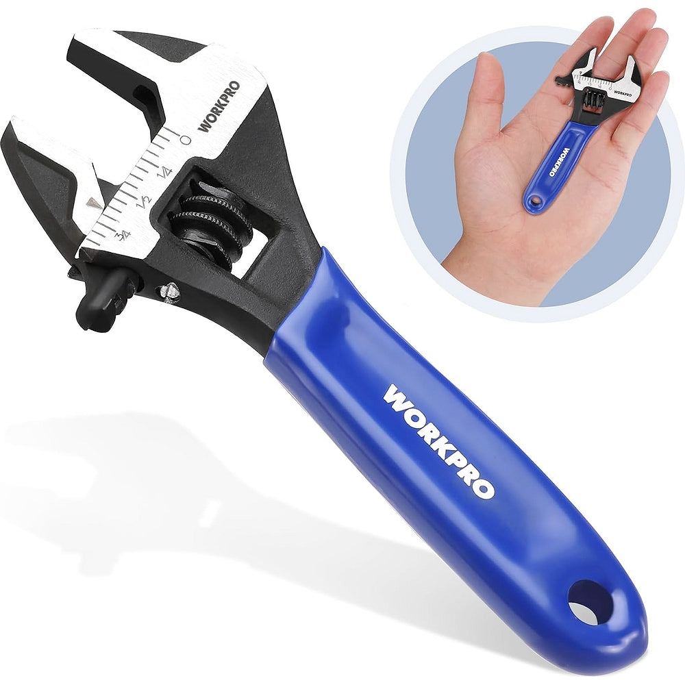 Mini adjustable wrench with black oxide jaw and blue cushion grip handle
