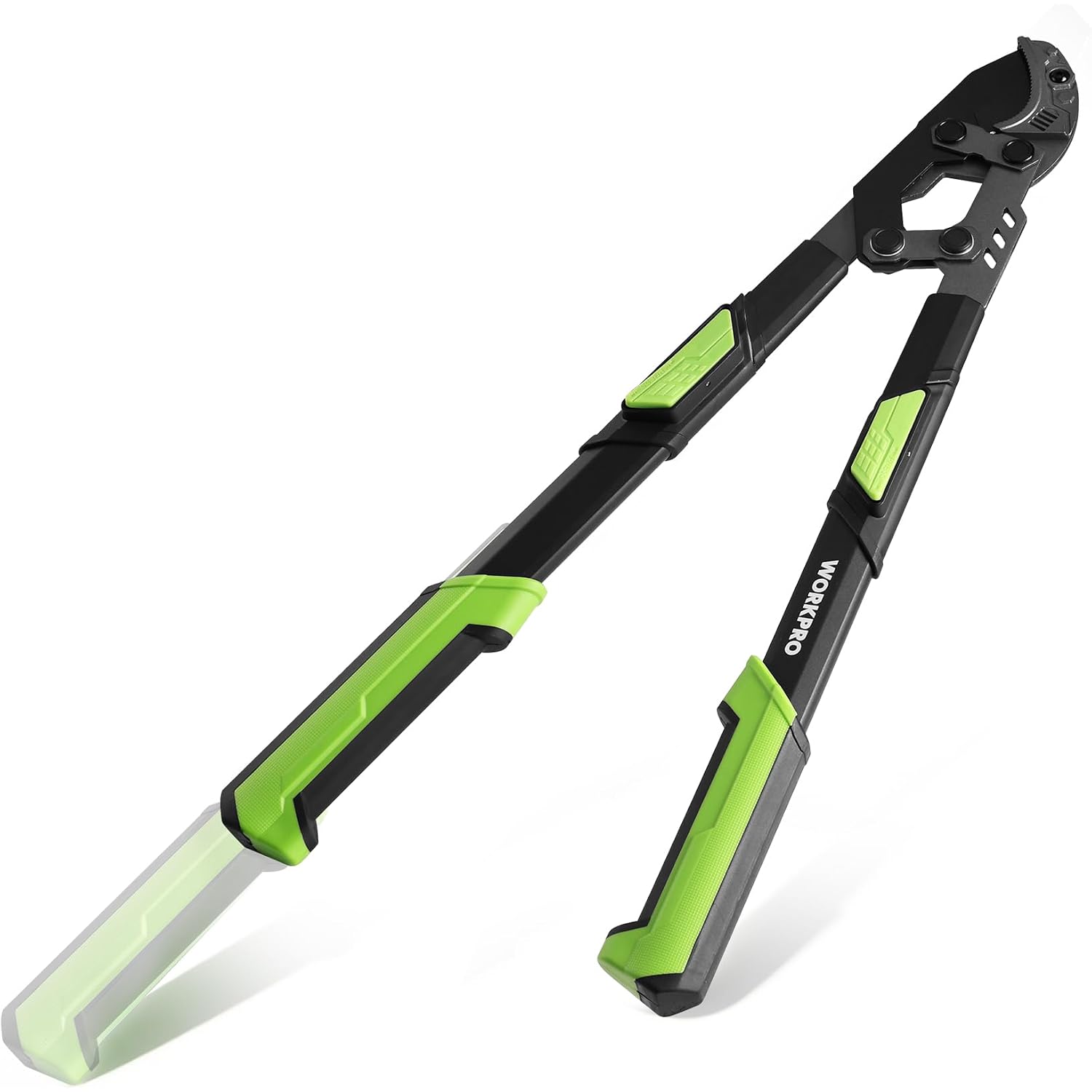 Extendable anvil lopper with telescopic handles, green grips, and angled cutting head.