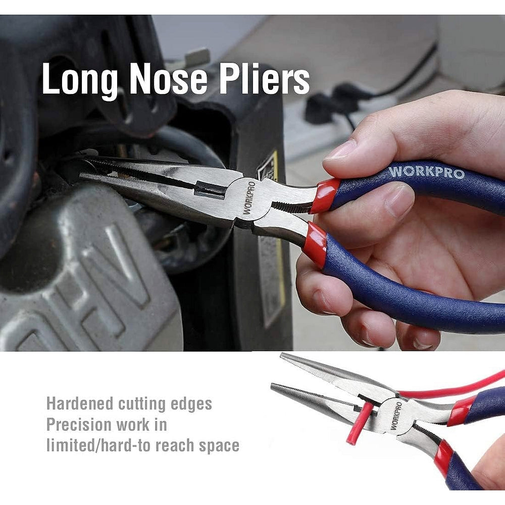 Long nose pliers with blue and red insulated handles