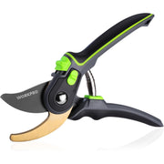 Bypass pruning shears with black-and-green handle and gold blade, isolated front view