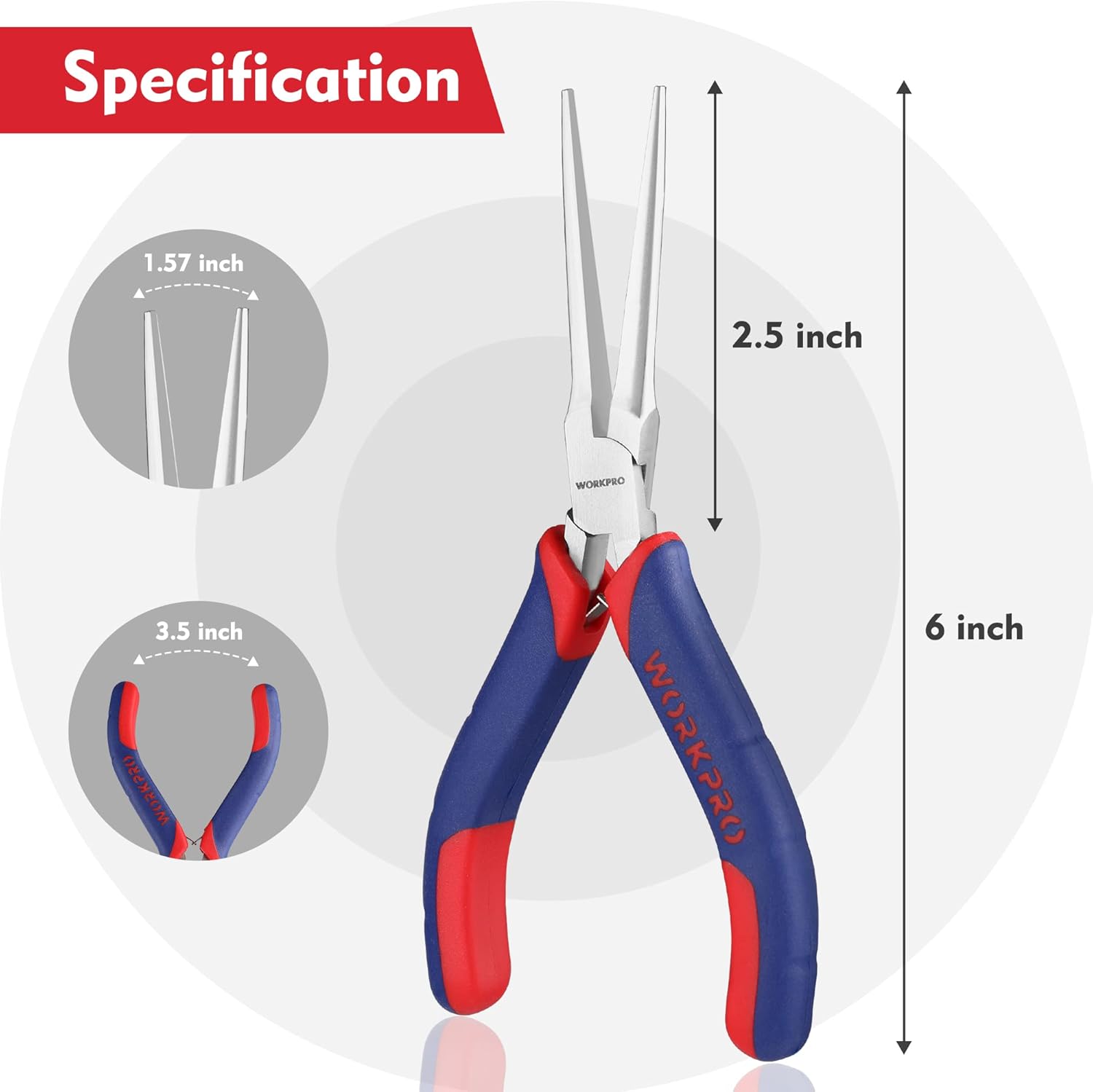 Mini long nose pliers with pointed jaws, blue handles and red accents