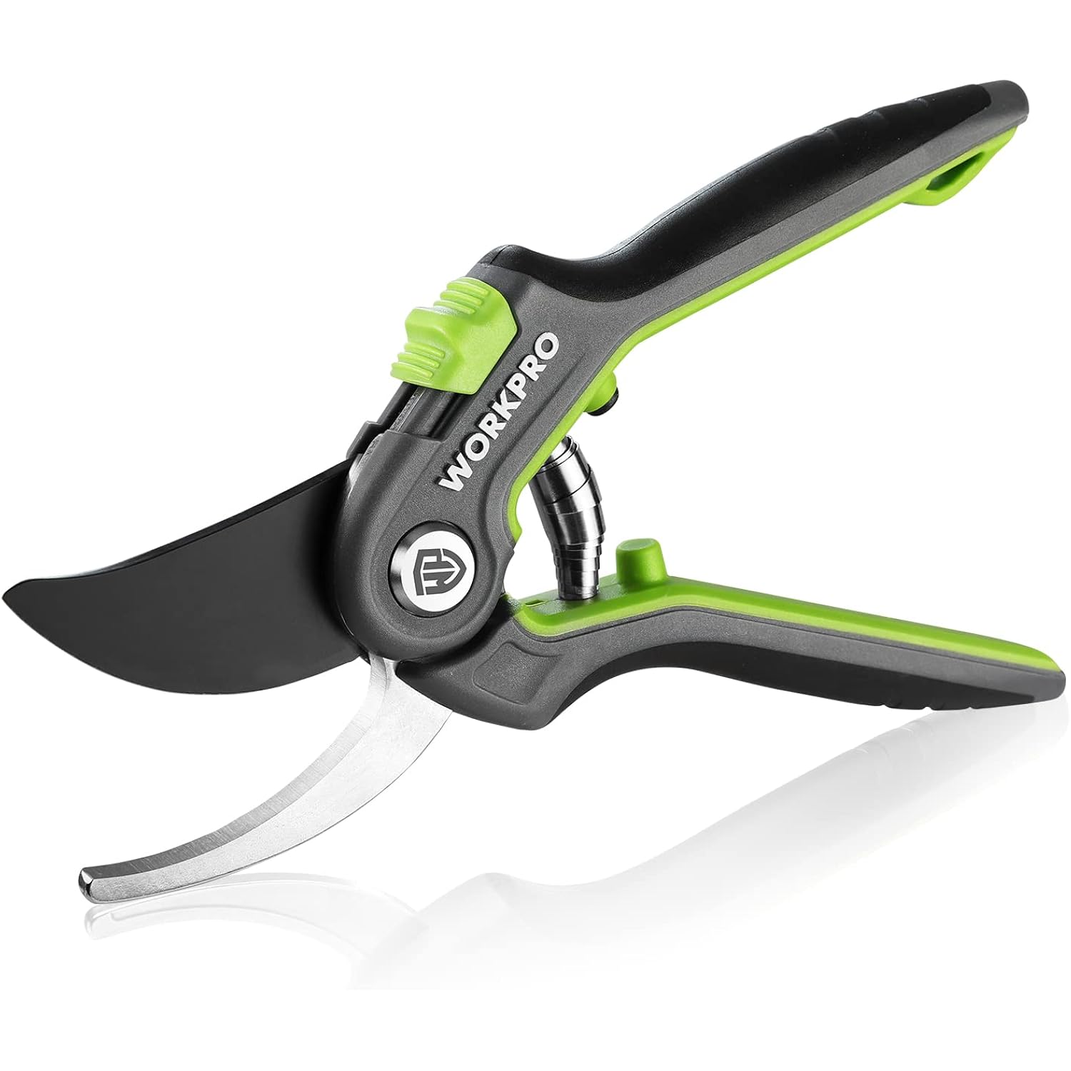 Bypass pruning shears, green and black handles with stainless steel cutting blades