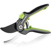 Bypass pruning shears, green and black handles with stainless steel cutting blades