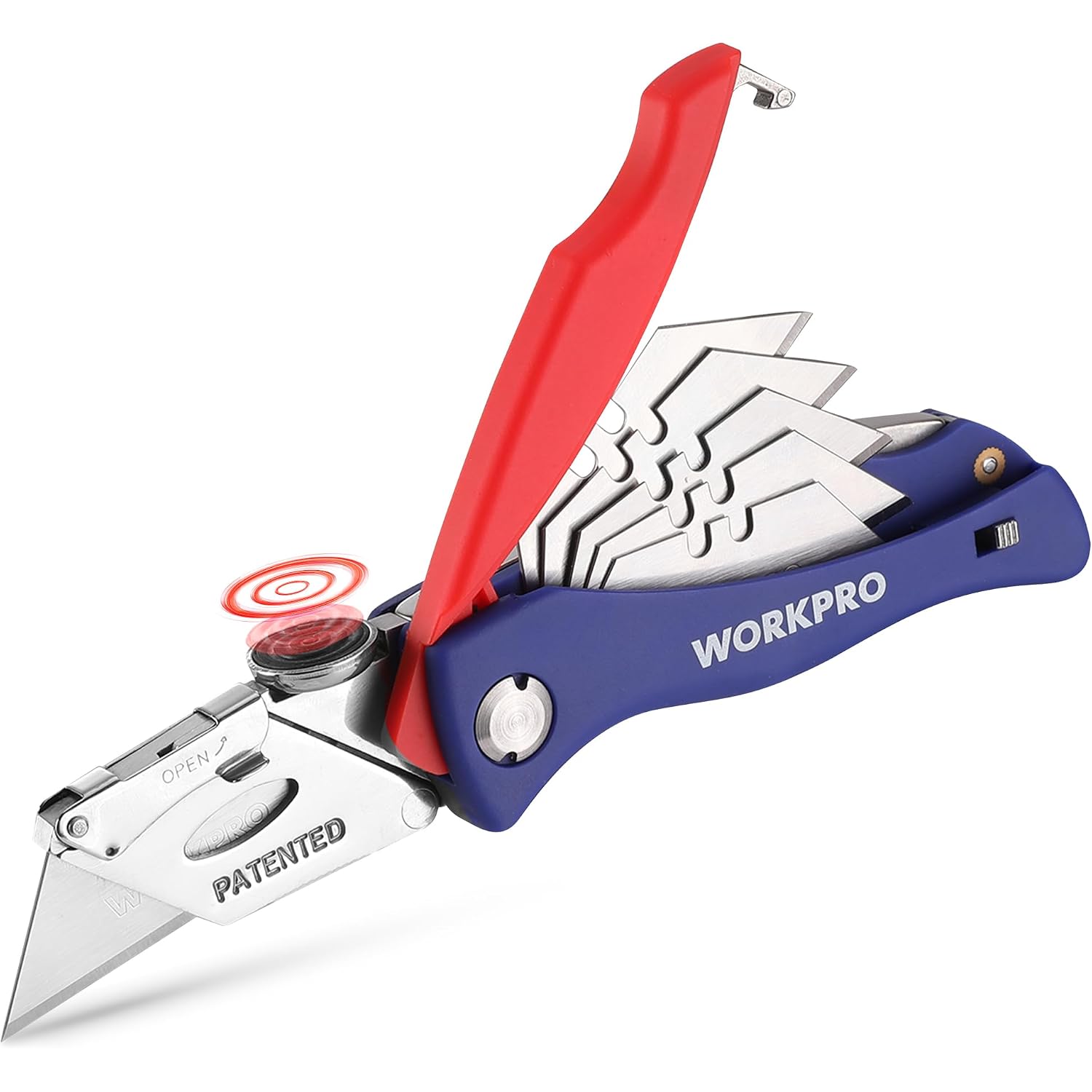 Folding utility knife with open blade storage, red lever up, spare blades visible