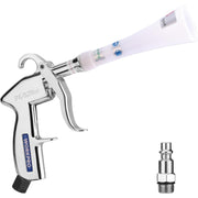 White and chrome compressed-air blow gun with curved trigger and screw-on nozzle connector