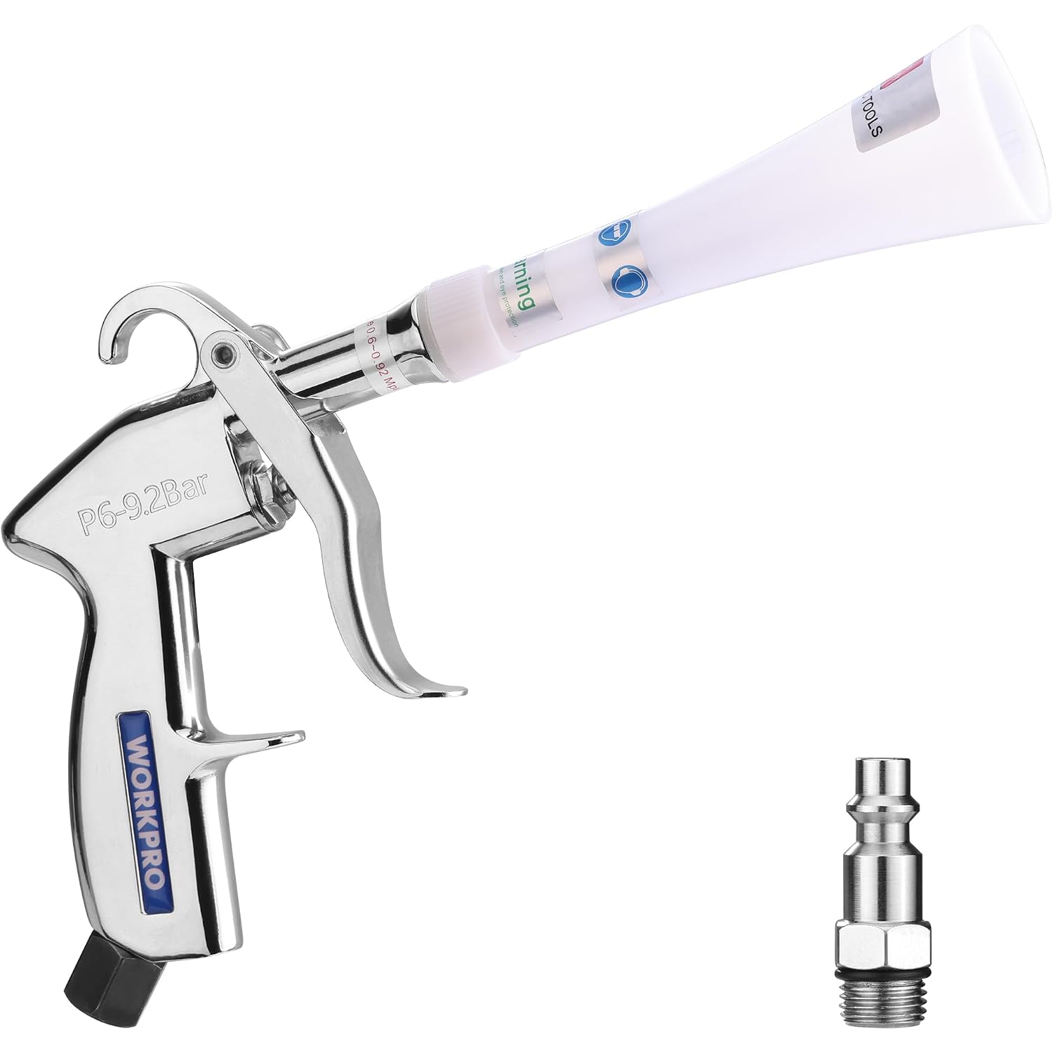 White and chrome compressed-air blow gun with curved trigger and screw-on nozzle connector