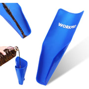 Blue foldable oil funnel pouring oil from a bottle, close-up of the spout