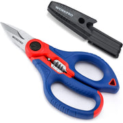 Electrician shears with wire stripper, red-and-blue handle and black sheath