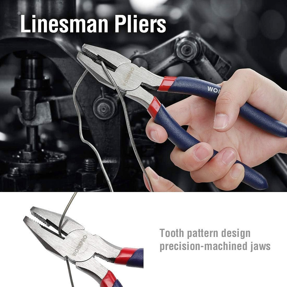 Linesman pliers with blue and red insulated handles