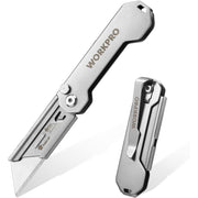 Stainless steel folding utility knife with lanyard hole, showing open blade and closed case