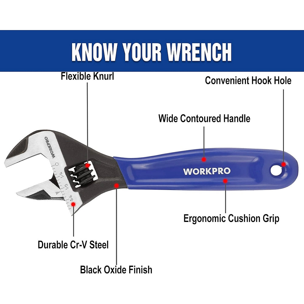 WORKPRO adjustable wrench with wide contoured handle and ergonomic cushion grip
