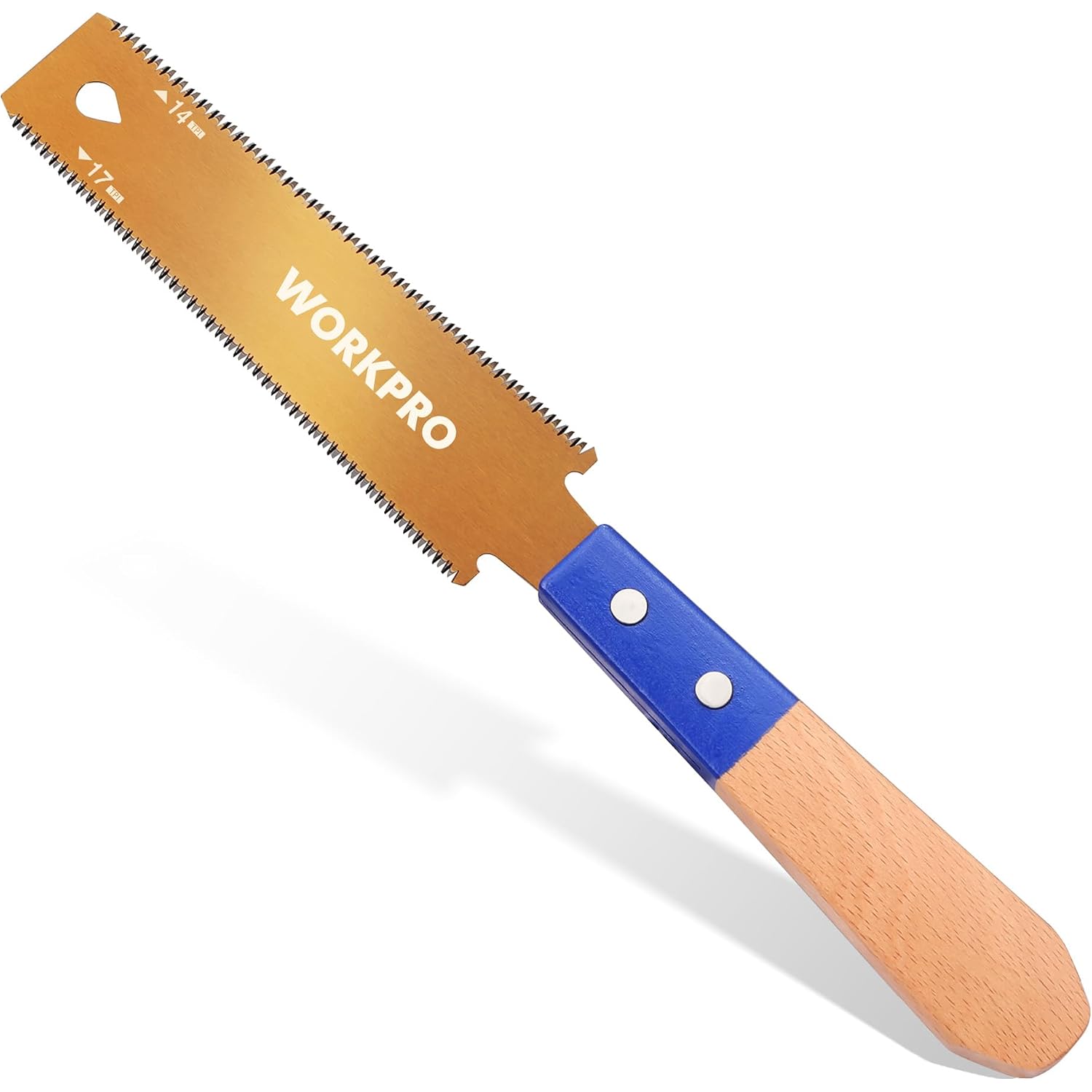 WORKPRO Japanese pull saw with blue handle and double-edged blade, 6 in length