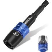 Black hex shank extension adapter with blue knurled auto-lock ring, angled view