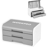 Grey and white desktop drawer organizer with flip-top lid, two drawers, WORKPRO logo